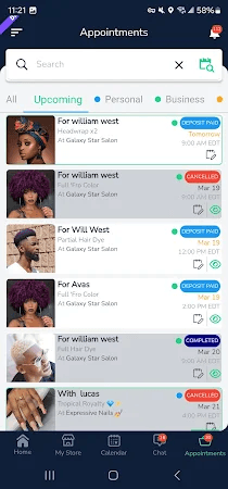 ChairWatch mobile app showing appointment scheduling and business management